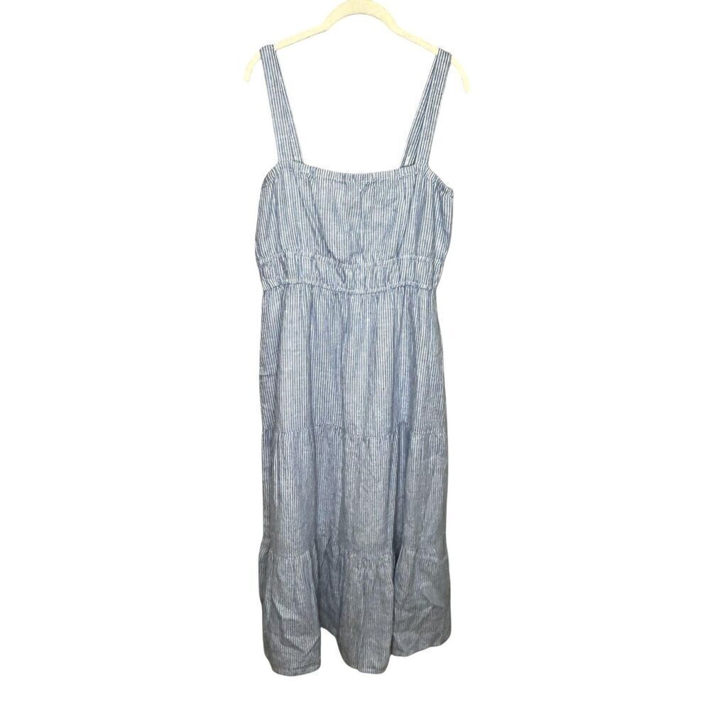 Amour Vert Dress Womens Medium Blue Stripe Elio Linen Tiered Midi Strappy Lined